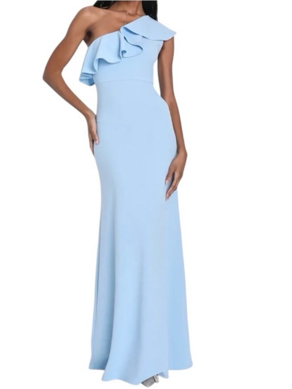 Lulus Last Forever Powder Blue One-Shoulder Ruffle Maxi Dress NWOT
